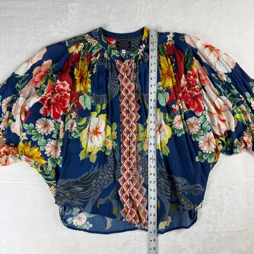 Johnny Was Jader Blouse Women S Blue Dragon Floral Silk Dolman Sleeve Boho Top - Picture 8 of 9